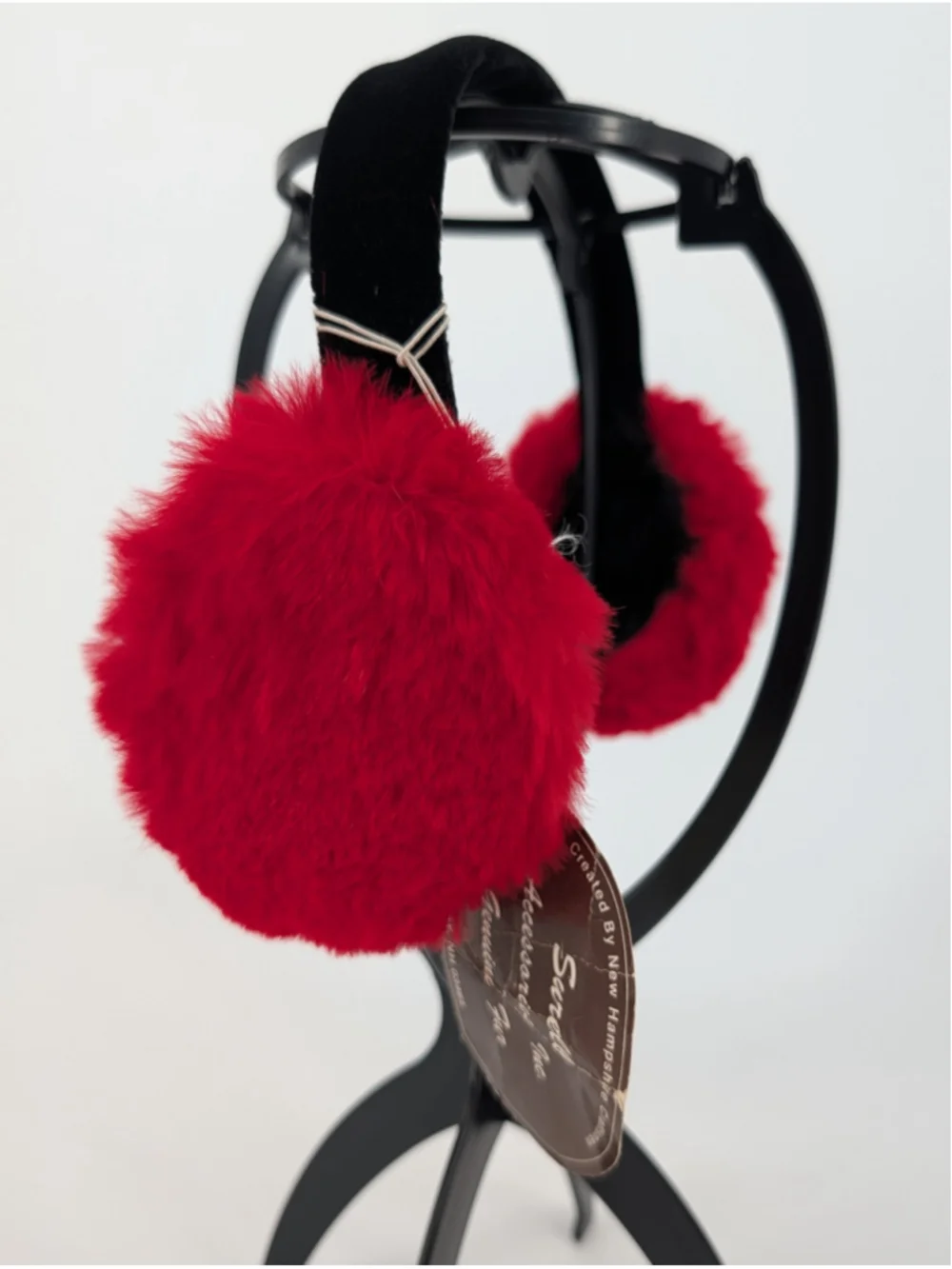 Vintage Surell Red Rabbit Fur Earmuffs Black Velvet Band France NOS